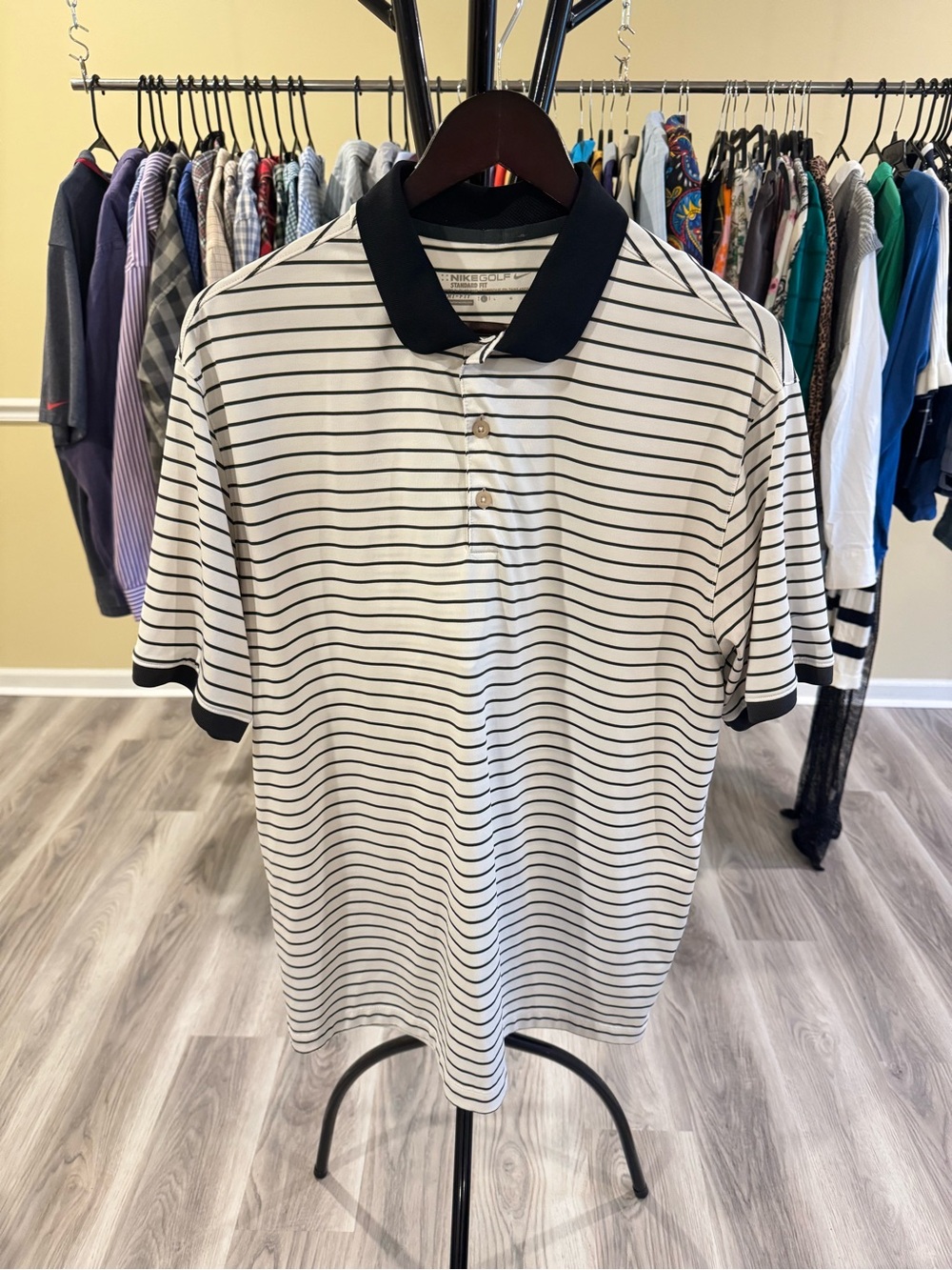Nike White Polo with Black Stripes and Black Collar